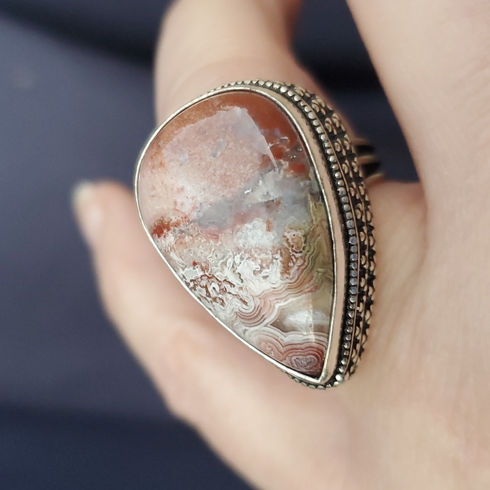 New Crazy Lace Agate 925 Silver Ring.